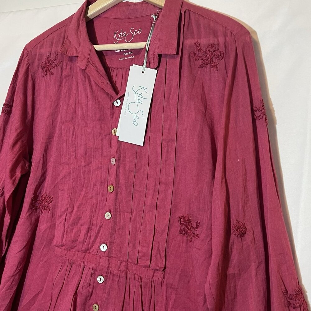 Anthropologie Kyla Seo Blouse Small Size Cotton Embroidery Pink Shirt Buttons - Picture 10 of 13